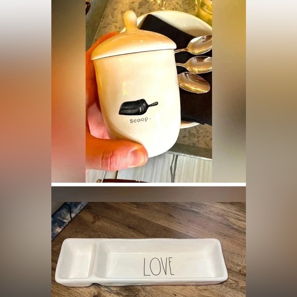 BUNDLE 3 Piece Ceramics Rae Dunn 1 LOVE Trinket Tray and 2 Scoop canisters white - Picture 1 of 3